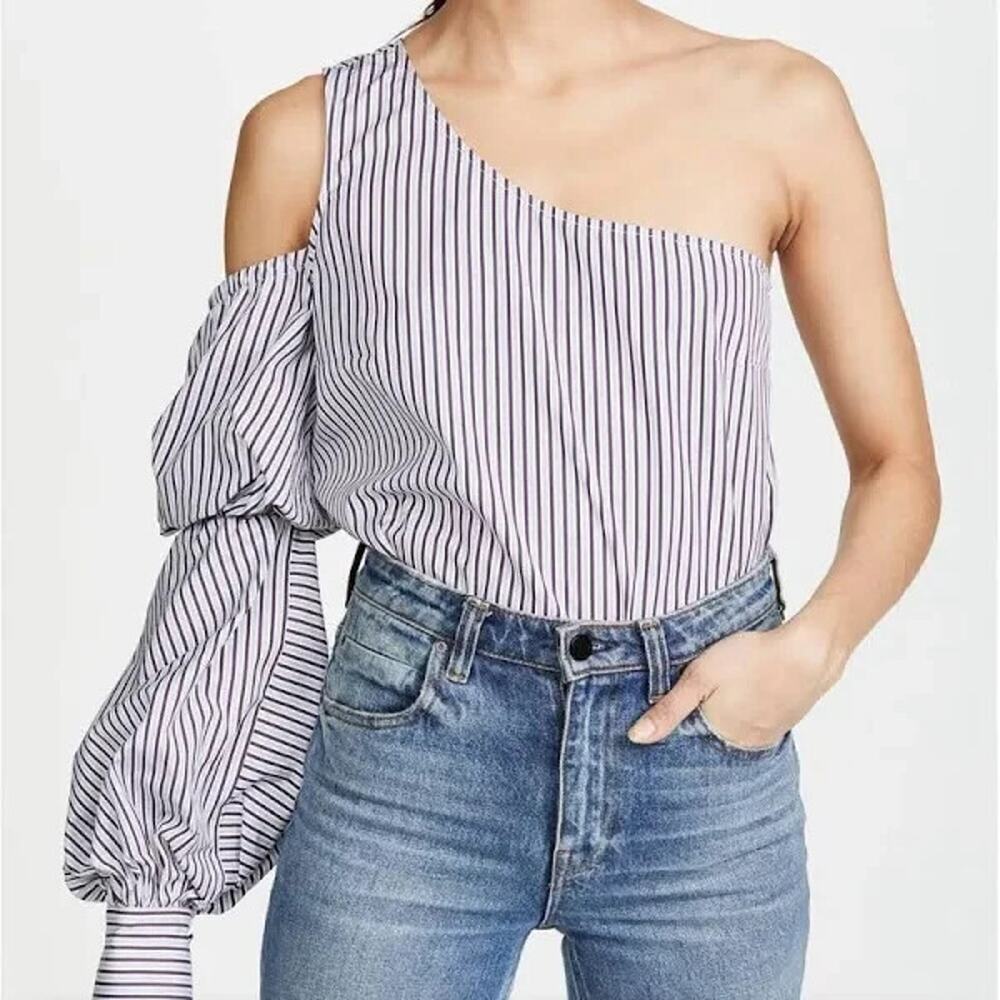 Petersyn Striped Poplin Cotton Blouse Puffed One Shoulder Tiered Blue Small NWT